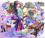  book_stack bookshelf bottle easel gears indoors kaekae long_hair looking_at_viewer notebook official_art paint paint_tube painting_(object) palette purple_footwear shoes shoumetsu_toshi_2 skirt smile standing table watermark 