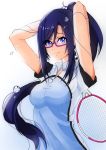  arms_behind_head badminton_racket blue_background blue_hair breasts clisapex glasses gradient gradient_background hanebado! high_ponytail highres izumi_riko long_hair looking_at_viewer medium_breasts ponytail purple_eyes racket red-framed_eyewear semi-rimless_eyewear short_sleeves sidelocks smile solo sweat under-rim_eyewear very_long_hair 