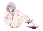  :p absurdres bare_legs bikini blue_eyes breasts full_body hair_ornament hair_over_one_eye hairclip hamakaze_(kantai_collection) highres kantai_collection large_breasts looking_at_viewer non-web_source shiny shiny_skin shoes_removed short_hair side-tie_bikini sideboob silver_hair simple_background solo swimsuit tongue tongue_out white_background white_bikini yukiguni_yuu 