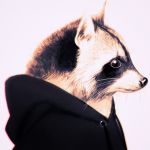  animal_focus animalization clothed_animal commentary english_commentary highres hood hood_down hoodie ilya_kuvshinov no_humans original pink_background profile raccoon white_background 