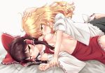  bed black_hair blonde_hair blush braid breast_sucking breasts collarbone hair_ornament hair_ribbon hakurei_reimu hand_on_head highres kirisame_marisa multiple_girls naughty_face navel nipples no_bra pinned rankasei red_eyes ribbon shirt_lift simple_background small_breasts smile touhou white_background yellow_eyes yuri 