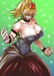  bare_shoulders black_dress blonde_hair blue_eyes borrowed_design bowsette bracelet breasts collar commentary crown dress horns hukiguni jewelry mario_(series) muscle muscular_female new_super_mario_bros._u_deluxe ponytail solo spiked_bracelet spiked_collar spikes super_crown 