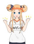  :d abigail_williams_(fate/grand_order) atsumisu bangs black_bow blush bow breasts commentary_request double_bun eyebrows_visible_through_hair fate/grand_order fate_(series) forehead gym_shirt gym_uniform hair_bow hair_ornament hands_up headband highres long_hair name_tag open_mouth orange_bow orange_headband parted_bangs polka_dot polka_dot_bow purple_eyes purple_hair shirt short_sleeves side_bun sidelocks simple_background small_breasts smile solo white_background white_shirt 