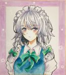  1girl :&lt; blue_vest blush bow braid closed_mouth collared_shirt eyebrows_visible_through_hair green_bow green_neckwear green_ribbon grey_hair hair_between_eyes hair_bow izayoi_sakuya looking_at_viewer maid_headdress neck_ribbon photo puffy_short_sleeves puffy_sleeves purple_eyes ribbon shirt short_hair short_sleeves solo tanaji touhou traditional_media twin_braids upper_body vest white_shirt wing_collar 