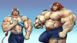  anthro beard body_hair chest_hair clothed clothing facial_hair feline growth huge_bulge lion looking_at_viewer male mammal muscle_growth musclegut muscular muscular_male oldshep pecs pubes shirt solo standing tank_top topless 