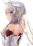  :o arm_up back bangs bare_back bare_shoulders benghuai_xueyuan blue_eyes blush celestial_hymn chinese_commentary commentary_request dated detached_sleeves eyebrows_visible_through_hair from_behind gold_trim grey_hair hair_over_shoulder hand_in_hair highres honkai_impact horns long_hair looking_at_viewer looking_away looking_to_the_side open_mouth school_uniform see-through see-through_silhouette shiny shiny_hair signature simple_background sleeves_past_wrists solo theresa_apocalypse veil white_background yiduan_zhu 