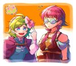  blue_eyes bow cape choker coke-bottle_glasses commentary_request fire_emblem fire_emblem:_rekka_no_ken fire_emblem:_seima_no_kouseki fire_emblem_heroes glasses green_hair hair_bow hairband hzk_(ice17moon) long_hair long_sleeves low_twintails lute_(fire_emblem) multiple_girls nino_(fire_emblem) parted_lips pink_bow purple_cape purple_hair short_hair twintails 