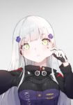  blurry cheek_pull facial_mark girls_frontline gloves green_eyes highres hk416_(girls_frontline) long_hair reaching_out secretperson self_shot silver_hair simple_background solo 