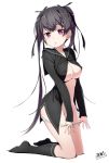  :o akata_itsuki areola_slip areolae bangs black_hair black_legwear black_sailor_collar black_shirt breasts eyebrows_visible_through_hair full_body hair_ribbon highres kneehighs kneeling kokoro_rista! long_hair looking_at_viewer medium_breasts nagasawa_seika no_pants open_clothes open_shirt panties panty_pull purple_eyes ribbon sailor_collar shirt solo twintails underwear white_background 