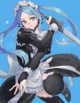  blue_background blue_hair bridal_gauntlets commentary fire_emblem fire_emblem_if flora_(fire_emblem_if) grey_eyes highres holding holding_knife itou_(very_ito) juliet_sleeves knife leg_up long_sleeves maid maid_headdress parted_lips puffy_sleeves simple_background snowflakes solo twintails 