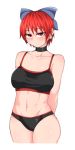  arms_behind_back black_bra black_choker black_panties blue_bow bow bra breasts choker collarbone cowboy_shot earrings hair_bow jewelry kuroba_rapid looking_at_viewer navel panties red_eyes red_hair sekibanki short_hair simple_background solo touhou underwear underwear_only white_background 