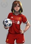  ball brand_name_imitation breasts cleavage commentary cowboy_shot dark_skin facial_tattoo hair_ornament large_breasts liverpool_fc looking_at_viewer lulu-chan92 overwatch pharah_(overwatch) play_of_the_game premier_league short_hair signature simple_background soccer soccer_uniform sponsor sportswear tattoo uefa_champions_league 