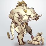  anthro butt clothing dragon duo erection half-erect horn humanoid_penis hyper hyper_muscles hyper_penis lagomorph loincloth male mammal melee_weapon muscular muscular_male oldshep pecs penis rabbit sitting size_difference standing sword weapon 