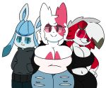  alpha_channel big_breasts breasts cleavage clothed clothing dewy-eyedboy eeveelution female glaceon group hair looking_at_viewer lycanroc mae_(zeta) memeon nintendo pok&eacute;mon pok&eacute;mon_(species) sandra_(gunner2700) simple_background smile smug transparent_background video_games wide_hips zangoose 