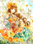  acrylic_paint_(medium) braid braided_ponytail brown_eyes brown_hair building collarbone copyright_name day detached_sleeves eyebrows_visible_through_hair floating_hair flower flower_wreath frills head_wreath holding holding_instrument instrument lamppost long_hair long_skirt long_sleeves looking_at_viewer official_art orange_flower outdoors petals ponytail poppy_(flower) rioka_(southern_blue_sky) shiny shiny_hair single_braid skirt sky smile solo soukyuu_dragon_guild sparkle traditional_media very_long_hair 