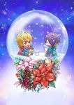 2boys arms_up blonde_hair blue_background blue_jacket chibi commentary_request cup ensemble_stars! eyes_closed flower gradient gradient_background green_scarf hair_between_eyes hair_over_one_eye holding holding_cup holding_lantern holly jacket lantern looking_at_another mug multicolored_hair multiple_boys nito_nazuna open_clothes open_jacket outstretched_legs pants pinecone plaid plaid_pants poinsettia purple_hair red_eyes red_scarf ribbon scarf school_uniform seia_megumu seiza sengoku_shinobu shoes short_hair sitting sleeves_past_wrists snow_globe snowflakes streaked_hair striped striped_ribbon yumenosaki_school_uniform 
