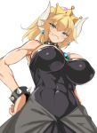  :d abs bare_shoulders blonde_hair blue_eyes blush borrowed_design bowsette breasts cleavage clenched_teeth commentary crown earrings eyebrows_visible_through_hair grin hands_on_hips horns jewelry kure_masahiro large_breasts looking_at_viewer mario_(series) new_super_mario_bros._u_deluxe open_mouth pointy_ears ponytail sharp_teeth simple_background sketch smile super_crown super_mario_bros. teeth white_background 