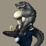  abs alligator anthro balls balls_outline beverage_can big_pecs big_penis black_penis bulge clothed clothing comparing comparing_penis crocodilian green_eyes grey_background grey_skin half_portrait holding_penis huge_muscles humanoid_penis looking_at_viewer male manly muscular muscular_male nipples oldshep open_mouth pants partially_clothed pecs penis presenting presenting_penis reptile retracted_foreskin scalie side_view simple_background smile solo standing tan_skin teeth uncut underwear undressing 