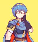  absurdres artist_name belt black_gloves blue_eyes blue_hair cape fingerless_gloves fire_emblem fire_emblem:_monshou_no_nazo fire_emblem_heroes glasses gloves highres lazymimium marth one_eye_closed short_hair short_sleeves simple_background solo tiara yellow_background 