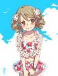  bangle bare_shoulders bikini_skirt bird blush bracelet brown_eyes cloud collarbone commentary_request cowboy_shot day drill_hair eyebrows_visible_through_hair floral_print flower flower_necklace frilled_swimsuit frills hair_flower hair_ornament highres idolmaster idolmaster_cinderella_girls jewelry light_brown_hair long_hair looking_away looking_to_the_side morikubo_nono navel necklace okeno_kamoku own_hands_together ringlets seagull signature sky solo swimsuit v_arms wavy_mouth 