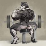  after_sex anthro butt canine cum cum_in_ass cum_inside cum_leaking gym looking_back male mammal muscular muscular_male nude oldshep sitting solo towel 