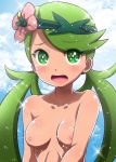  1girl aihamuteki areolae blush breasts cloud creatures_(company) eyebrows_visible_through_hair eyes_visible_through_hair flower game_freak green_eyes green_hair hair_flower hair_ornament looking_at_viewer mao_(pokemon) matching_hair/eyes medium_breasts nintendo nipples nude open_mouth outdoors pokemon sky solo sparkle tears upper_body 