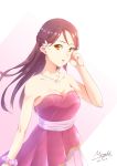  bare_shoulders breasts cleavage collarbone dated dress earrings flower hair_flower hair_ornament half_updo hand_up haruna_miyabi highres jewelry long_hair looking_at_viewer love_live! love_live!_sunshine!! medium_breasts open_mouth pendant pink_dress pink_scrunchie polka_dot polka_dot_scrunchie red_hair sakurauchi_riko sash scrunchie signature solo strapless strapless_dress wrist_scrunchie yellow_eyes 