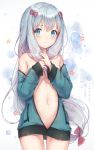  ayuanlv blue_eyes blue_sweater blush bow breasts cardigan cowboy_shot eromanga_sensei eyebrows_visible_through_hair floating_hair hair_between_eyes hair_bow highres izumi_sagiri long_hair looking_at_viewer low-tied_long_hair naked_sweater navel off_shoulder open_cardigan open_clothes pink_bow silver_hair small_breasts solo standing sweater underboob very_long_hair white_background 