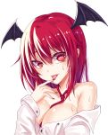  :p bangs bare_shoulders between_breasts blush breasts cleavage collarbone commentary_request demon_wings eyebrows_visible_through_hair finger_to_tongue hair_between_eyes hand_up head_tilt head_wings highres koakuma koissa large_breasts long_hair long_sleeves looking_at_viewer mole mole_under_eye nail_polish necktie necktie_between_breasts off_shoulder red_eyes red_hair red_nails red_neckwear shiny shiny_skin shirt simple_background single_sidelock smile solo sweat tongue tongue_out touhou upper_body white_background white_shirt wings 