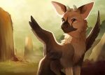  2016 amber_eyes ambiguous_gender detailed_background digital_media_(artwork) feathered_wings feathers feral grass maplespyder sitting solo the_last_guardian trico trico_(character) wings 