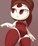  belly breasts camel_toe clothing female frown hair humanoid legendary_pok&eacute;mon legwear looking_away meloetta meloetta_(pirouette_form) navel nintendo nipples not_furry plump_camel_toe pok&eacute;mon pok&eacute;mon_(species) red_eyes red_hair red_theme rubber short_hair simple_background solo stockings suit theboogie tight_clothing video_games 
