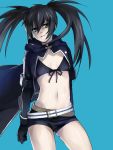  ass belt black_bikini_top black_cloak black_gloves black_hair black_ribbon black_rock_shooter black_rock_shooter_(character) black_shorts blue_background breasts cowboy_shot floating_hair front-tie_bikini front-tie_top gloves green_eyes hair_between_eyes long_hair midriff navel ribbon shiny shiny_skin shiromi_(ringo) short_shorts shorts simple_background small_breasts solo standing stomach twintails 