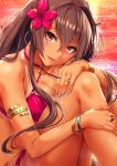  armlet artist_name beach bikini blue_nails blush bracelet breasts brown_hair cleavage collarbone criss-cross_halter earrings flower hair_between_eyes hair_flower hair_intakes hair_ornament halterneck hand_on_own_knee highres hoop_earrings jewelry kantai_collection knees_up large_breasts lips long_hair looking_at_viewer nail_polish o-ring o-ring_bikini one-piece_tan open_mouth pink_bikini purple_eyes ring sakiyamama sidelocks smile solo sunset swimsuit tan tanline thigh_strap very_long_hair yamato_(kantai_collection) 