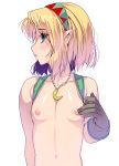  bare_shoulders blonde_hair blue_eyes breasts brown_gloves cleavage elf gloves hairband highres jewelry looking_to_the_side masao necklace nipples original parted_lips pointy_ears short_hair simple_background small_breasts solo white_background 