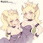  arm_garter bare_shoulders black_dress blonde_hair blue_eyes borrowed_design bowsette bracelet breasts cleavage collar commentary crown dress dual_persona earrings eyebrows_visible_through_hair fang fang_out fishine highres horns jewelry large_breasts looking_at_viewer mario_(series) multiple_girls musical_note new_super_mario_bros._u_deluxe open_mouth patreon_username ponytail short_hair signature smile spiked_bracelet spiked_collar spikes super_crown upper_body 