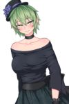  alternate_costume bare_shoulders black_choker black_hat breasts choker collarbone eyebrows_visible_through_hair flower green_hair hat hat_flower kuroba_rapid looking_at_viewer off_shoulder short_hair simple_background skirt soga_no_tojiko solo touhou white_background wrist_cuffs yellow_eyes 