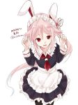  adapted_costume alternate_costume animal_ears apron black_legwear blush bunny_ears character_name claw_pose cowboy_shot dated enmaided eyebrows_visible_through_hair fake_animal_ears flower hair_flower hair_ornament hair_ribbon harusame_(kantai_collection) kantai_collection long_hair looking_at_viewer maid maid_apron maid_headdress neckerchief open_mouth pink_hair red_eyes red_neckwear ribbon side_ponytail simple_background solo twitter_username u_yuz_xx white_background 