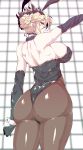  animal_ears arm_up artoria_pendragon_(all) artoria_pendragon_(lancer_alter) ass back bare_shoulders black_gloves blonde_hair braid braided_bun breasts brown_legwear bunny_ears bunnysuit commentary_request cowboy_shot elbow_gloves eyebrows_visible_through_hair fake_animal_ears fate/grand_order fate_(series) french_braid from_behind gloves green_eyes highres large_breasts looking_at_viewer looking_back pantyhose short_hair sideboob solo standing wakura_(gcdan) 