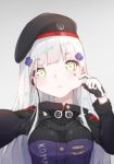  beret blurry cheek_pull commentary facial_mark girls_frontline gloves green_eyes hat highres hk416_(girls_frontline) long_hair reaching_out secretperson self_shot silver_hair simple_background solo symbol_commentary 