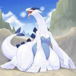  2018 ambiguous_gender blush breasts cleavage clothed clothing drooling fin hi_res kame_3 kneeling legendary_pok&eacute;mon looking_at_viewer lugia naughty_face nintendo open_mouth outside pok&eacute;mon pok&eacute;mon_(species) saliva tail_fin thick_thighs tongue tongue_out video_games white_body 