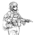  2018 armor assault_rifle black_and_white canine clothing dog dog_girl_(hladilnick) female gun helmet hladilnik mammal military monochrome ranged_weapon rifle uniform weapon 