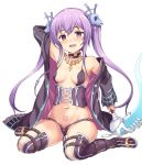  :d black_jacket blush boots breasts character_request commentary_request corset covered_nipples flower groin hair_ornament holding holding_scythe jacket long_hair long_sleeves looking_at_viewer medium_breasts micro_shorts navel open_clothes open_fly open_jacket open_mouth open_shorts purple_eyes purple_flower purple_hair purple_legwear purple_shorts rasahan round_teeth scythe sennen_sensou_aigis shorts sitting skull_hair_ornament smile solo teeth thigh_boots thighhighs twintails upper_teeth very_long_hair wariza 