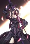  arm_up armor armored_dress black_dress black_legwear chain cowboy_shot dress fate/grand_order fate_(series) gauntlets hair_between_eyes headpiece holding holding_sword holding_weapon inaroinaroi jeanne_d'arc_(alter)_(fate) jeanne_d'arc_(fate)_(all) looking_at_viewer short_hair silver_hair solo sword thighhighs weapon yellow_eyes 