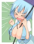  &gt;_&lt; aqua_hair blush breasts bursting_breasts commentary_request garasuita holding holding_umbrella large_breasts open_clothes open_shirt purple_umbrella short_hair short_sleeves solo sweat tatara_kogasa touhou umbrella 