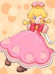  ;d artist_name blonde_hair bow brown_footwear commentary_request crown dress earrings full_body grey_eyes highres hino_(8) jewelry looking_at_viewer mario_(series) medium_hair new_super_mario_bros._u_deluxe one_eye_closed open_mouth peachette pink_background pink_dress puffy_short_sleeves puffy_sleeves red_bow short_sleeves sitting smile solo super_crown super_mario_bros. toadette twintails 