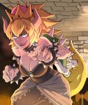  :d bare_shoulders blue_eyes blush bowsette breasts butcha-u cleavage commentary_request crown dress eyebrows forked_eyebrows highres large_breasts long_hair mario_(series) new_super_mario_bros._u_deluxe open_mouth shell sleeveless sleeveless_dress smile solo super_crown tail teeth turtle_shell 