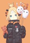  1girl :o abigail_williams_(fate/grand_order) balloon bangs black_bow black_jacket blonde_hair blue_eyes blush_stickers bow commentary_request crossed_bandaids fate/grand_order fate_(series) fou_(fate/grand_order) hair_bow hair_bun head_tilt heroic_spirit_traveling_outfit highres holding holding_balloon jacket long_hair long_sleeves looking_at_viewer medjed object_hug orange_background orange_bow parted_bangs parted_lips polka_dot polka_dot_bow simple_background sleeves_past_fingers sleeves_past_wrists solo star stuffed_animal stuffed_toy teddy_bear upper_body 