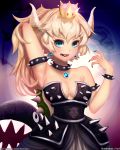  aqua_eyes arm_behind_head arm_up armlet armpits artist_name bangs bare_shoulders black_dress black_nails blonde_hair borrowed_design bowsette bracelet breasts chain_chomp claw_pose cleavage collar crown deviantart_username dress earrings fingernails hair_between_eyes hand_up high_ponytail highres horns jewelry long_hair mario_(series) nail_polish necklace new_super_mario_bros._u_deluxe open_mouth ponytail sharp_fingernails sharp_teeth smile solo_focus spiked_armlet spiked_bracelet spiked_collar spikes strapless strapless_dress super_crown super_mario_bros. teeth turtle_shell upper_body watermark web_address yuri_rodrigues_de_oliveira 