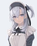  alternate_costume apron black_dress black_ribbon blue_eyes breasts commentary dated dress enmaided eyebrows_visible_through_hair frills grey_background hair_between_eyes hair_ornament kantai_collection lips long_hair looking_at_viewer maid maid_apron maid_headdress medium_breasts neck_ribbon one_side_up revision ribbon rokuwata_tomoe sidelocks silver_hair simple_background smile solo suzutsuki_(kantai_collection) twitter_username upper_body 