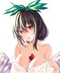  alternate_hair_length alternate_hairstyle bangs bare_shoulders between_breasts black_hair bow breasts cleavage collarbone commentary_request eyebrows_visible_through_hair green_bow hair_between_eyes hair_bow hand_up head_tilt highres koissa large_breasts looking_at_viewer off_shoulder parted_lips red_eyes reiuji_utsuho see-through shirt short_hair simple_background single_sidelock solo touhou upper_body wet wet_clothes wet_shirt white_background white_shirt wings 